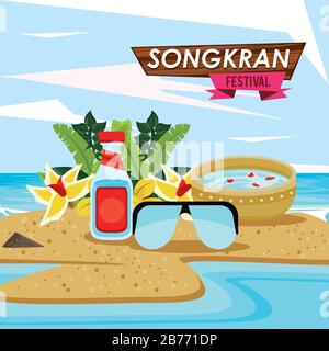 fête songkran avec bol à vaisselle sur la plage Illustration de Vecteur