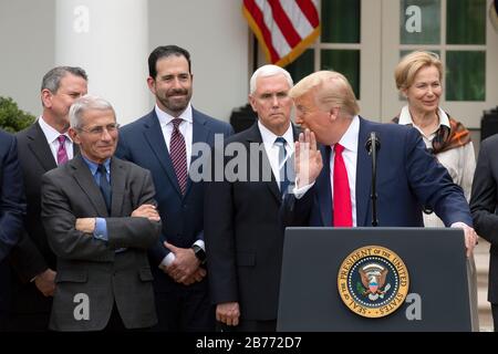 Washington DC, États-Unis. 13 mars 2020. Le président des États-Unis Donald J. Trump a chuté devant Anthony Fauci, directeur de l'Institut national des allergies et des maladies infectieuses, après qu'un journaliste ait mal prononcé son nom lors d'une conférence de presse à Rose Garden à la Maison Blanche à Washington, DC, États-Unis, le vendredi 13 mars 2020. Trump a annoncé qu'il allait déclarer une urgence nationale en réponse au Coronavirus. Crédit: Stefani Reynolds/CNP /MediaPunch crédit: MediaPunch Inc/Alay Live News Banque D'Images