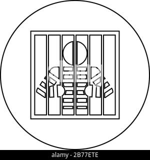 Prisonnier derrière les barres tient des tiges avec ses mains Angry homme montre à travers le réseau en prison Icône concept D'Incarcération dans le cercle autour contour noir couleur Illustration de Vecteur