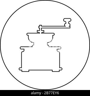 Moulin à café manuelle fabrication classique vintage icône de style dans cercle rond contour noir illustration vectorielle plat style simple image Illustration de Vecteur