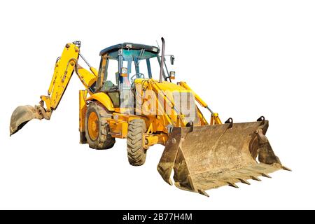 Vue latérale du bulldozer sur les roues pour les mines et les fosses avec bras longs pour pelle hydraulique dans le site minier. Travaux en cours, machine industrielle. Isolé le Banque D'Images