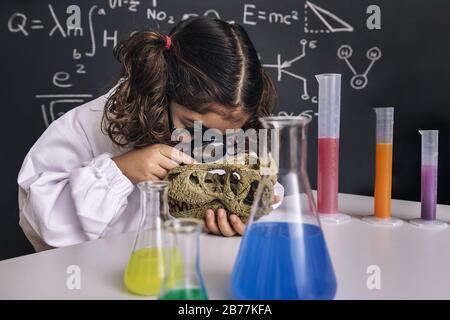 petite fille scientifique en blouse de laboratoire avec fioles chimiques étudiant un crâne de dinosaure avec sa loupe, de retour à l'école et la réussite de la caree féminine Banque D'Images