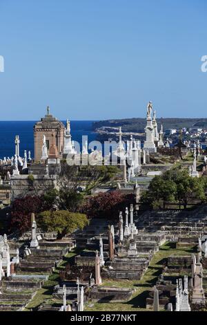 La cémétrie Waverley est une cémétrie classée au patrimoine sur les falaises de Bronte dans la banlieue est de Sydney, Nouvelle-Galles du Sud, Australie. La promenade côtière wa Banque D'Images