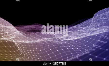 Rendu tridimensionnel d'ondes numériques abstraites et de particules carrées lumineuses dans l'espace. Fond futuriste en points, particules et mesh Banque D'Images