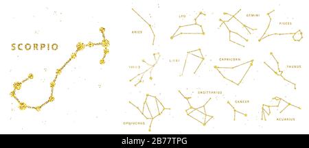 Horoscope vectoriel doré et pailleté, signes et constellation. Zodiaque des signes célestes stylisés comme des lignes brillantes et des points. Cancer, gémeaux et autres Illustration de Vecteur