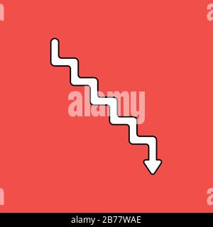 Illustration vectorielle de l'icône de symbole d'escalier de ligne avec flèche pointant vers le bas. Contours noirs, fond rouge. Illustration de Vecteur