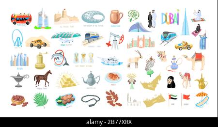 Jeu de 50 symboles représentant une icône de dessin à la main de Dubaï, Emirats arabes Unis Illustration de Vecteur