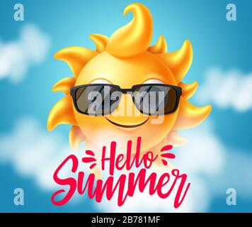 Motif bannière vectorielle Hello Summer. Bonjour texte d'été avec le caractère de soleil dans l'expression faciale souriante portant des lunettes de soleil avec des nuages élément en bleu. Illustration de Vecteur