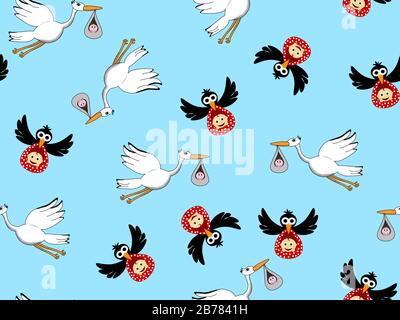 157/5000 motif sans couture avec motif nouveau-né. Stork et corbeau portent un nouveau bébé né dans un foulard rouge sur un fond bleu. Convient à l'impression d'emballages Banque D'Images