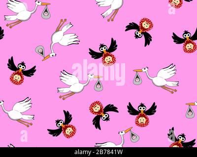 Motif nouveau-né sans couture. Une cigole et un corbeau portent un nouveau bébé né dans un foulard rouge sur un fond rose. Convient à l'impression de papier cadeau Banque D'Images