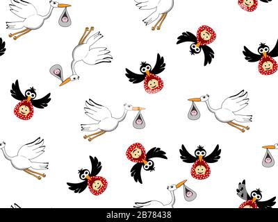 Motif nouveau-né sans couture. Une cigole et un corbeau portent un nouveau bébé né dans un foulard rouge sur un fond blanc. Convient à l'impression de PAP d'emballage Banque D'Images