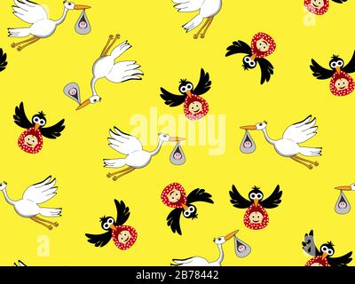 Motif nouveau-né sans couture. Stork et corbeau portent un nouveau bébé né dans un foulard rouge sur un fond jaune. Convient à l'impression de papier d'emballage Banque D'Images