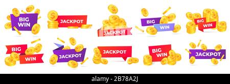 Étiquettes Jackpot et Big WIN. Le gagnant félicitations bannière, argent prix et casino prix étiquette vecteur jeu Illustration de Vecteur