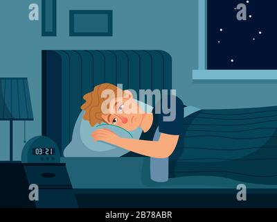 Homme souffrant d'insomnie. Trouble du sommeil, l'homme se trouve dans le lit avec ses yeux ouverts, homme ne peut pas dormir à l'illustration du vecteur de nuit Illustration de Vecteur