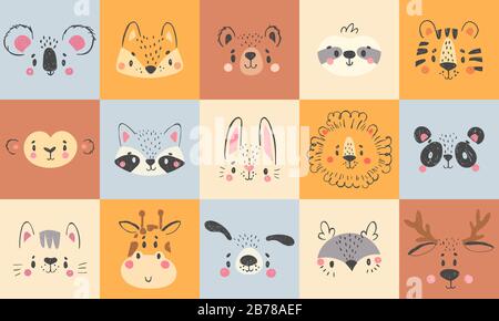 Portraits d'animaux mignons. Visages heureux dessinés à la main, ours souriant, renard drôle et illustration vectorielle koala Illustration de Vecteur