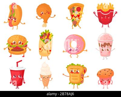 Mascottes de cuisine rapide de dessin animé. Jeu d'illustrations vectorielles pour la cuisine de rue, les frites et la mascotte à pizza Illustration de Vecteur