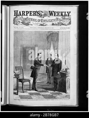 George T. Brown, sergent d'armes, servant la convocation au président Johnson - esquissé par T.R. Davis. Banque D'Images