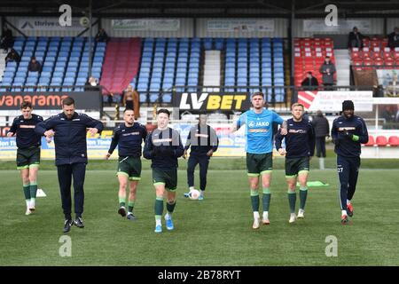 Sutton, Royaume-Uni. 14 mars 2020. Hartlepool United Players se réchauffer avant le match de la Ligue nationale de Vanarama entre Sutton United et Hartlepool United au Knights Community Stadium, Gander Green Lane, Sutton le samedi 14 mars 2020. (Crédit: Paul Paxford | MI News) SUTTON, ANGLETERRE - 14 MARS la photographie ne peut être utilisée qu'à des fins de rédaction de journaux et/ou de magazines, licence requise pour un usage commercial crédit: Mi News & Sport /Alay Live News Banque D'Images