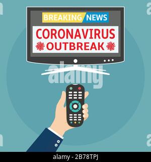 Coronavirus covid 19 dernières nouvelles concept de conception plate. L'homme tient le contrôle à distance et regarde la Smart tv avec le coronavirus épidémie de nouvelles. Illustration de Vecteur