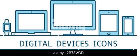 Icônes modernes de conception Web réactive à ligne couleur plate : écran d'ordinateur, ordinateur portable, smartphone, tablette, montre intelligente Illustration de Vecteur