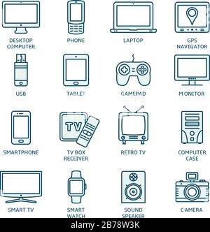 Jeu d'icônes de ligne mince. Icônes pour la technologie, les appareils numériques. Illustration de Vecteur