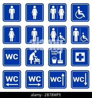 Ensemble d'icônes vectorielles blanches de symboles toilettes sur un fond bleu. Pictogramme WC, homme, femme, handicap, personnel, pépinière, premiers soins. Icône carrée avec bordure Illustration de Vecteur
