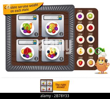 Jeu de puzzle éducatif, casse-tête pour enfants et adultes. Tâches de jeu le calcul du poids de service sur chaque plaque Illustration de Vecteur