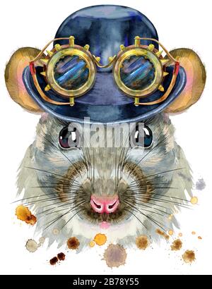 Portrait aquarelle de rat avec chapeau melon et lunettes Steampunk. Banque D'Images