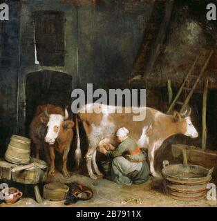 Gerard ter Borch (néerlandais - UN maid Milant une vache dans une grange Banque D'Images