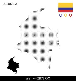 Carte vectorielle en pointillés de Colombie. Taches grises rondes. Carte Colombie avec drapeau national et icônes de carte. Silhouette noire Illustration de Vecteur
