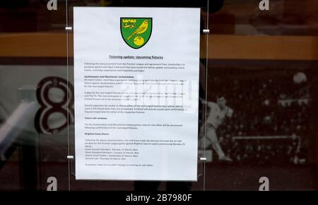 Vue générale à l'extérieur de Carrow Road, stade du Norwich City Football Club, suite à l'annonce d'hier que la Premier League a suspendu tous les matches jusqu'au samedi 4 avril 2020. Banque D'Images