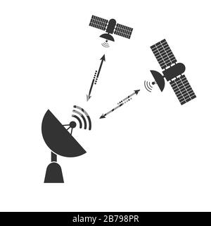 satellite dish communique avec un signal d'un satellite spatial. Conception plate simple. Illustration de Vecteur