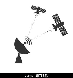 satellite dish communique avec un signal d'un satellite spatial. Conception plate simple. Illustration de Vecteur