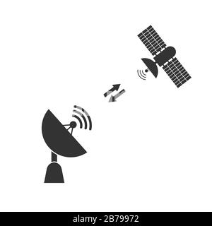 satellite dish communique avec un signal d'un satellite spatial. Conception plate simple. Illustration de Vecteur