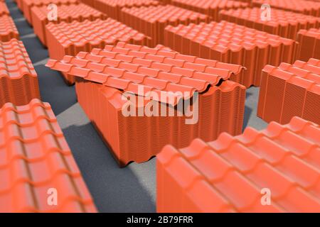 Piles de feuilles de carrelage en métal rouge dans l'entrepôt pour la construction de toits. illustration tridimensionnelle Banque D'Images