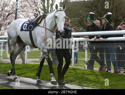 Les amateurs de course à St Patricks déguisaient des chapeaux pour regarder le cheval dans l'anneau de parade à l'hippodrome de Fontwell. Banque D'Images