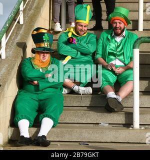 Les amateurs de course à St Patricks déguisaient des costumes à l'hippodrome de Fontwell. Banque D'Images