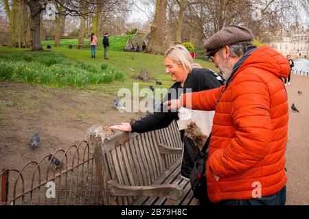 Les gens qui nourrissent des oiseaux et des écureuils à St James Park, Westminster, Londres, Royaume-Uni Banque D'Images