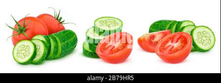 Tranches de concombre et de tomates fraîches isolées sur fond blanc Banque D'Images