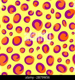 Imprimé d'inspiration animale, tons orange fluo et queues violettes texturées comme des éléments sur fond jaune vif contrastant avec un motif de surface sans couture. Illustration de Vecteur