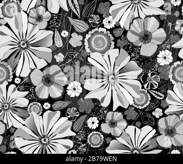 Motif vectoriel noir et blanc monochromatique répétitif avec fleurs de jardin stylisées et éléments de texture. Pour un panneau de rideau, literie, fashionwear. Illustration de Vecteur