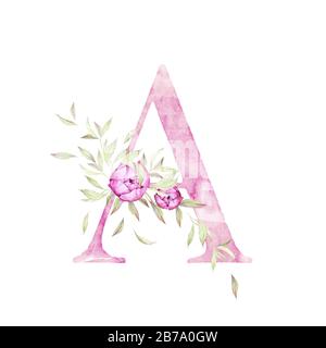Grande lettre A. Alphabet. Rose clair. Décor floral. Aquarelle. Fond blanc. Qualité d'impression Banque D'Images
