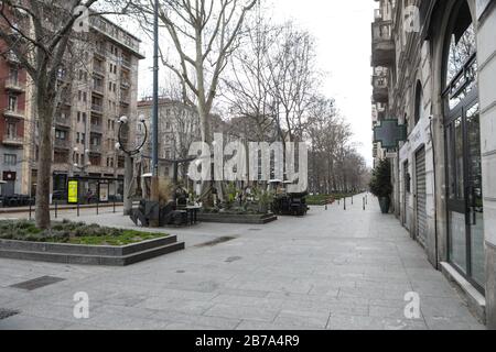 Milan, Italie. 14 mars 2020. Vue générale du quartier Arco della Pace et Sempione, Milan, 14 mars 2020. L'Italie a fermé tous les magasins à l'exception des pharmacies et des magasins d'alimentation dans une tentative désespérée d'arrêter la propagation d'un coronavirus. Banque D'Images