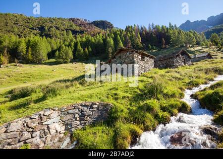 Valmalenco (IT) - Alpe Entova - huttes typiques Banque D'Images