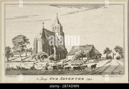 Gezicht in het dorp Oud-Zevenaar Oud Seventer met de kerk.br Prent uit een série 100-délige met gezichten op dorpen en steden te Kleef. Banque D'Images