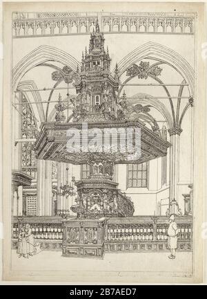 Gezicht op de preekstoel à de Nieuwe Kerk te Amsterdam van Albert Jansz. Vinckenbrinck. Liens op de voorgrond een moeder a rencontré een sorte en rechts een staande man. Banque D'Images