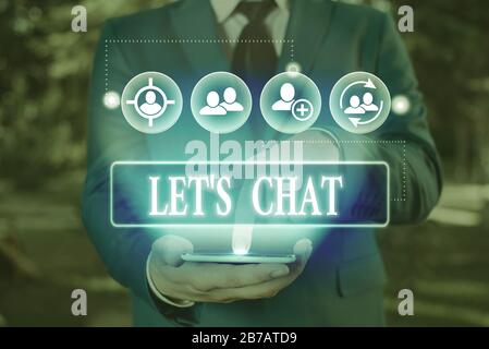 L'écriture conceptuelle des mains montrant les lets est le Chat. Concept signifiant inviter la démonstration à avoir une conversation informelle avec vous Banque D'Images