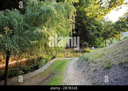 Burghotel Castle Hotel Auf Schönburg (Auf Schoenburg) à Oberwesel, Allemagne. Arbres de saules et un chemin à travers les jardins du château au coucher du soleil. Banque D'Images