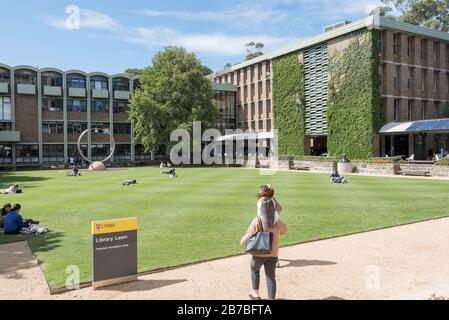 Les étudiants se détendant à l'Université de Nouvelle-Galles du Sud, à la pelouse de la bibliothèque près des bâtiments Morven et Library de Kensington, Sydney, Australie Banque D'Images