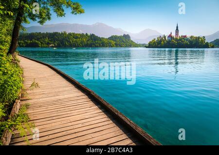 Vue magique du matin avec petite île, église et château de la voie en bois. Voyage admirable et emplacement touristique, lac Bled avec Karavanke m Banque D'Images